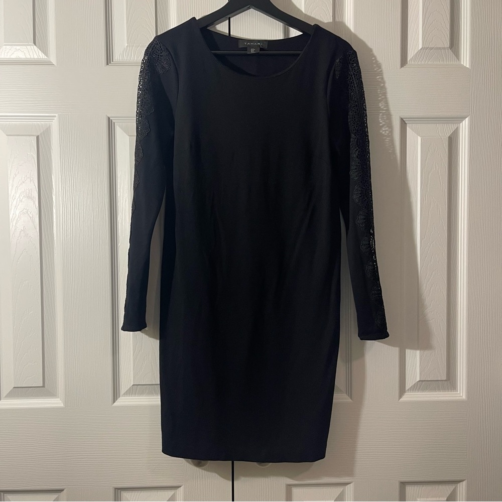 Tahari Black Shift Dress with Lace Sleeves